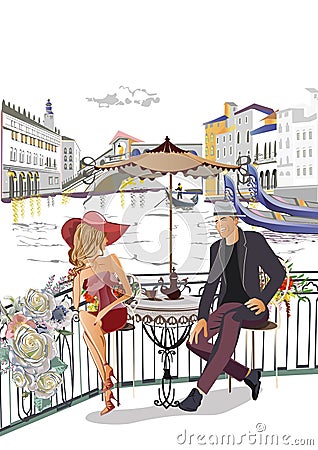 Set of Italy illustrations with fashion girls, cafes and musicians. Vector Illustration